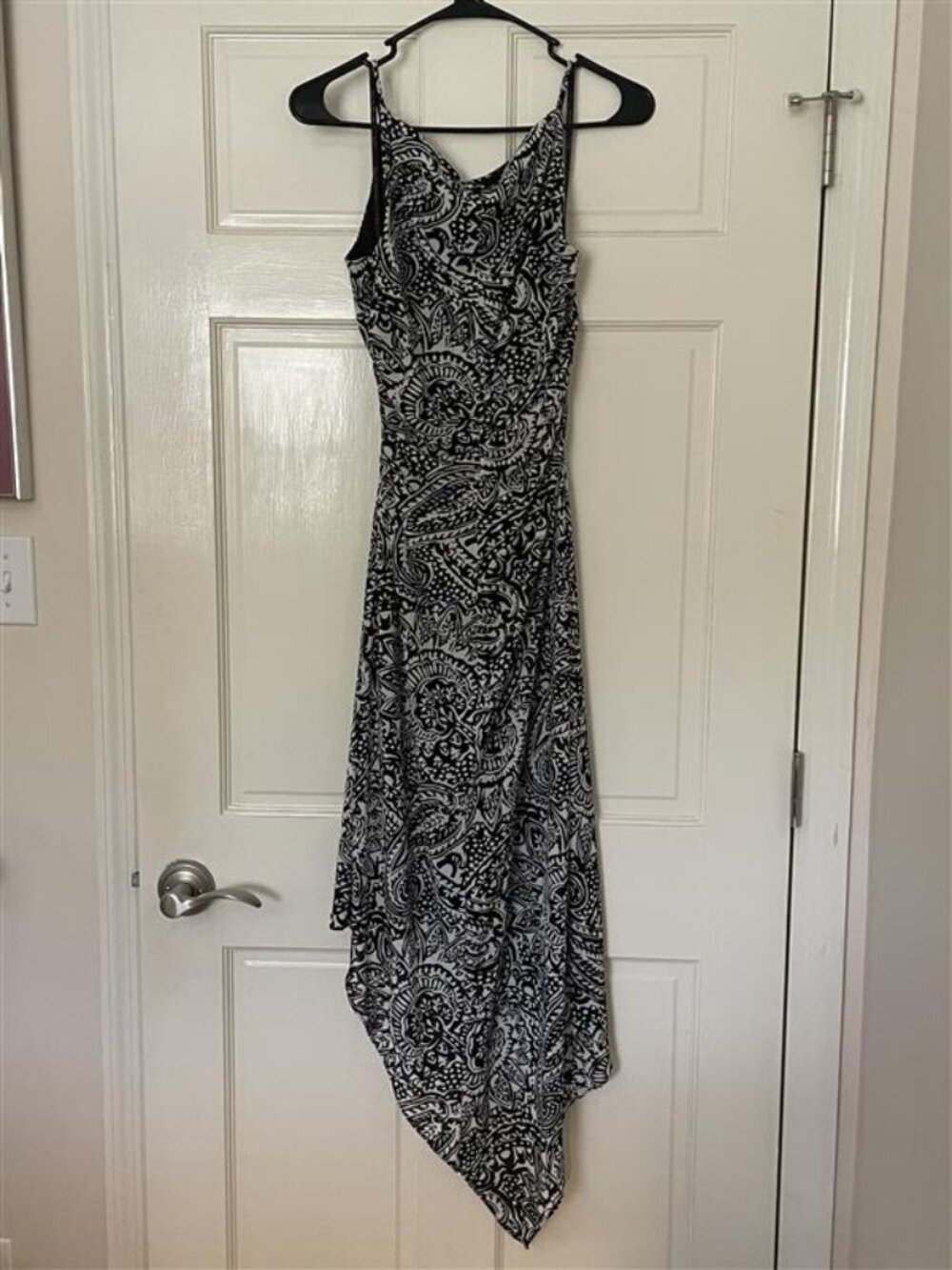 David Meister Paisley Asymmetrical Dress Womens Size 12 Black White Square Neck
